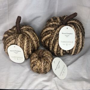 THRESHOLD Farmhouse Boho WOVEN RATTAN PUMPKINS Fall /Autumn Decor S,M,L LOT OF 3